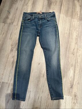 7 For All Mankind Dark Blue Skinny Jeans with Neon Yellow Side Stripe